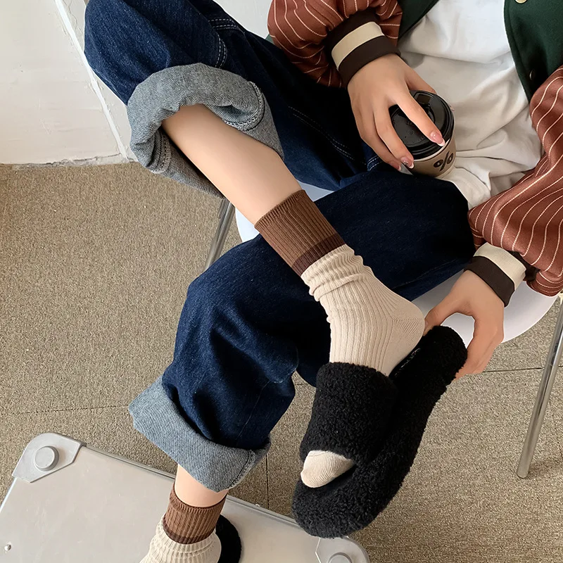 Contrast colored socks, women's high top pile up socks, Korean version of spring/summer cotton socks