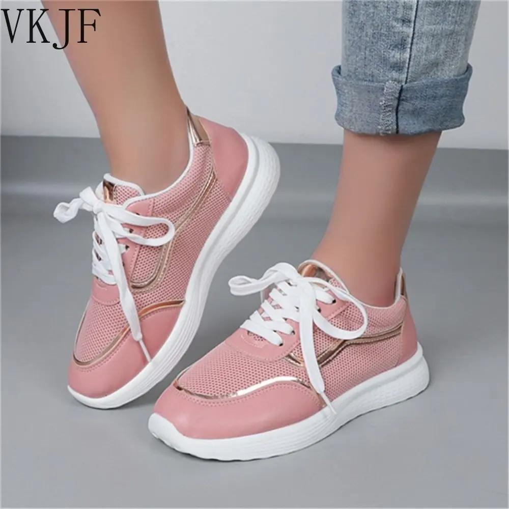 

New Spring Sport Shoes Women 2023 Fashion Mesh Ladies Lace Up Breathable Flats 36-43 Large-Sized Running Casual Sneakers