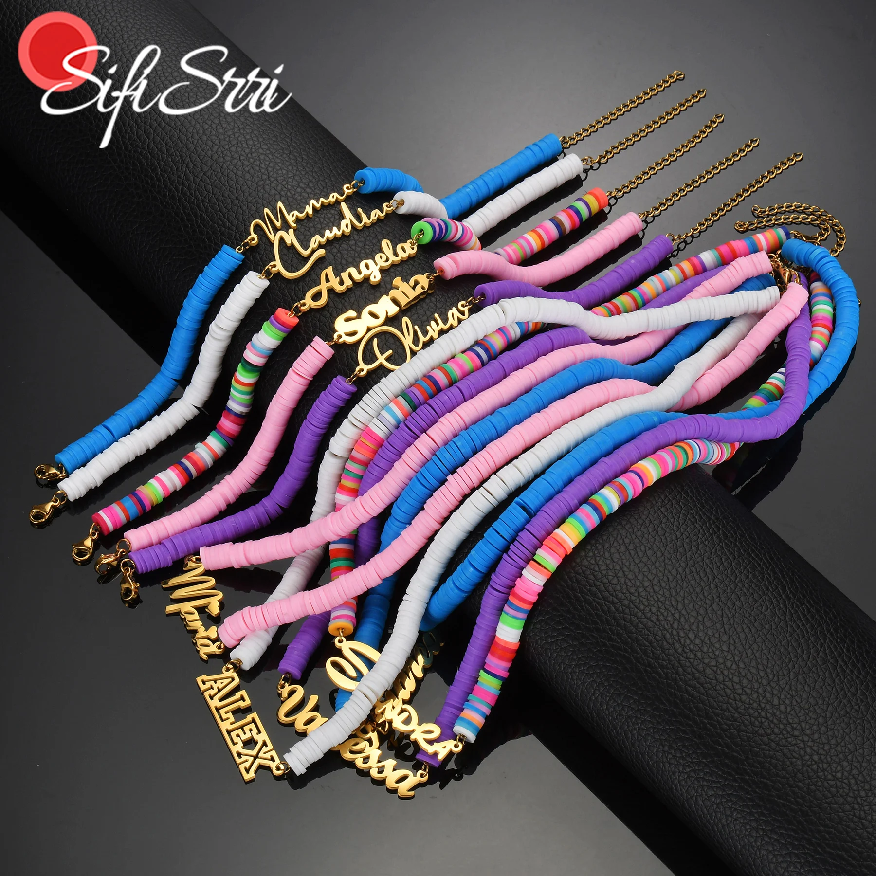 

Sifisrri Personalized Custom Name Necklace Bracelet Stainless Steel Jewelry Set for Women Men Choker Polymer Clay Chain Gift