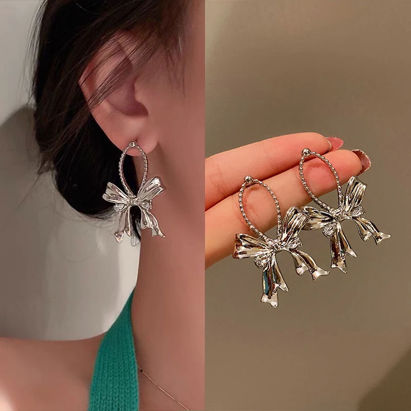 

Fashion Silver Plated Metal Bow Earrings Women 2022 New Korean Style Pendant Earrings Trendy Pierced Earrings Jewelry
