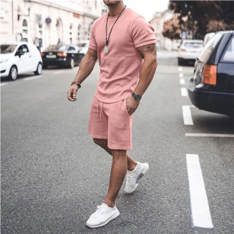 2023 Summer New Men Casual Shorts Sets Short Sleeve T Shirt +Shorts Solid Male Tracksuit Set Men's Brand Clothing 2 Pieces Sets