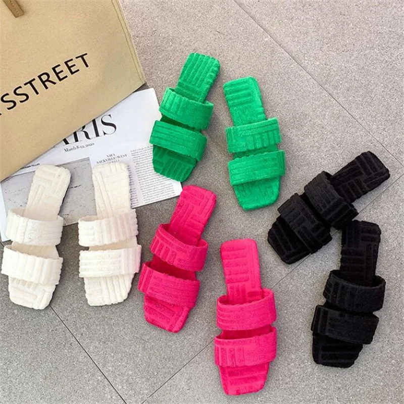 

European American New Flat Bottomed Women's Slippers Square Head Line Mop Towel Material Fashion Casual Simple Cotton Slippers