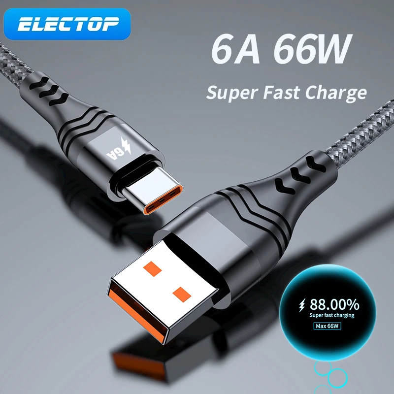 

ELECTOP 66W USB Type C Cable Super Fast Charging Cable Knitting Rope Data Cord USB C Charger Cable for Huawei Xiaomi Samsung