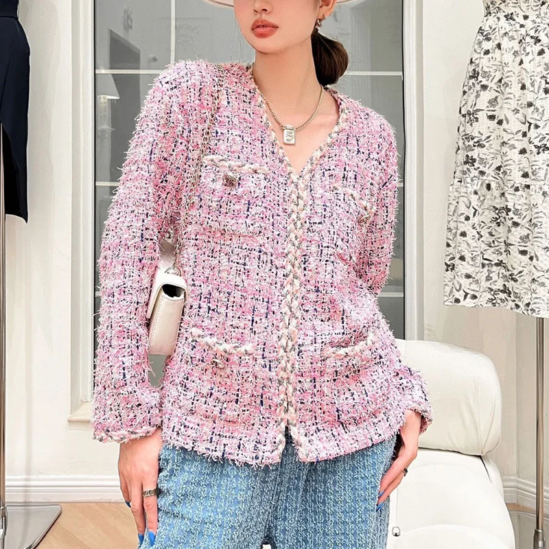 

Early Autumn 2023 Sweet Pink Gingham Jacket Elegent V-neck Long Sleeve Woven Pockets Tweed Coat Women Fashion Designer Outwear
