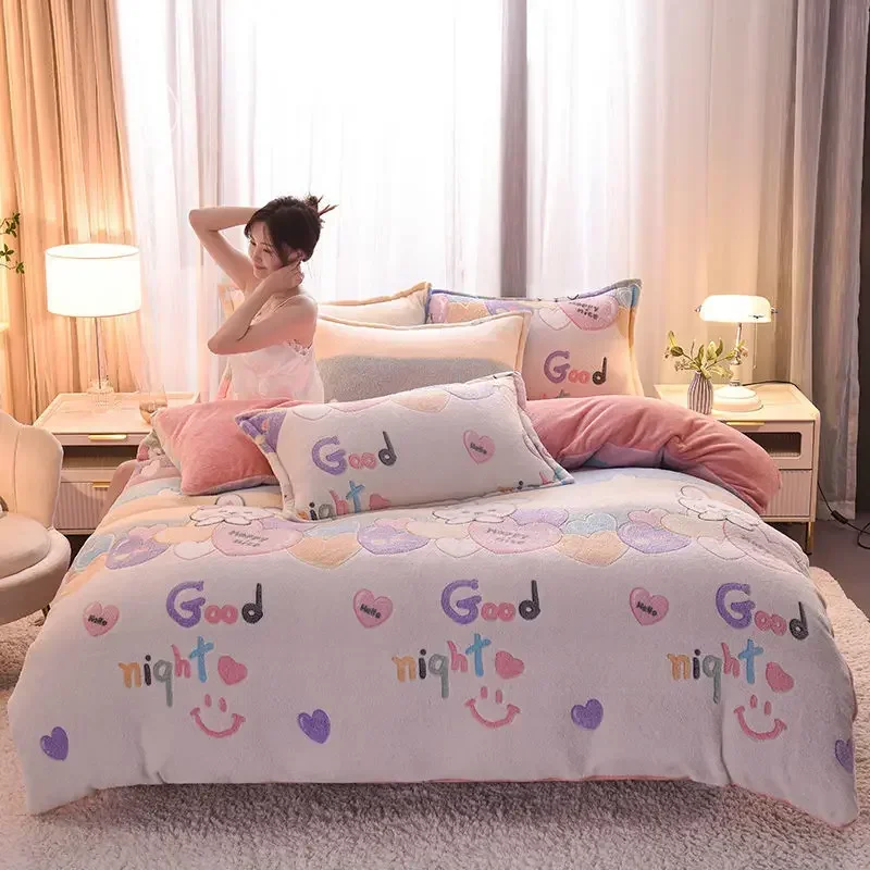 Зимний комплект постельного белья из плотного флиса кораллового цвета