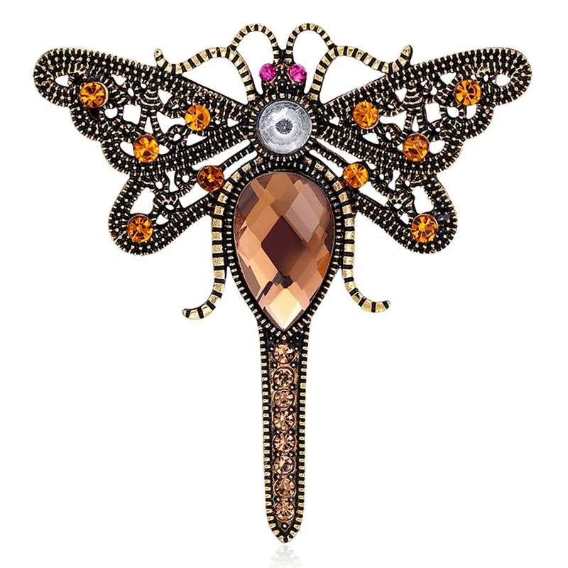 

European And American Retro Big Dragonfly Brooch, Ancient Gold Full Of Diamonds, Fashion Exquisite Insect Brooch