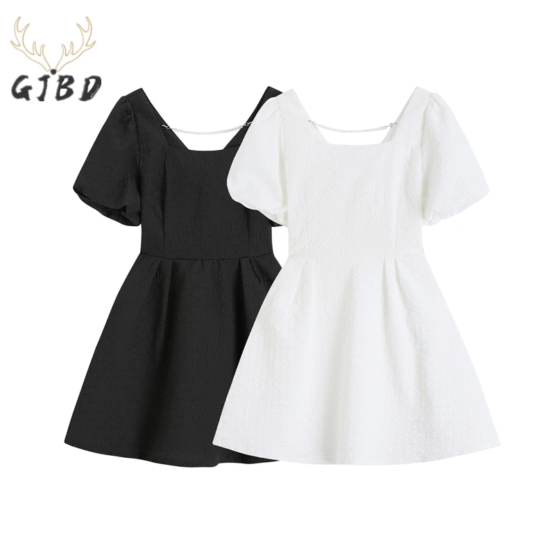 

Women Dress Square Neck Backless Bow Puff Short Sleeve Vintage Baggy Casual Simplicity High Waist Short Skirt Ladies Summer