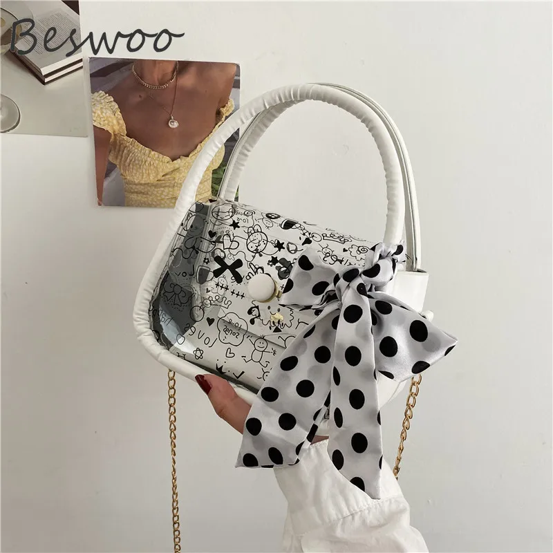 

Mini Women's Bag New PVC Transparent Purses Handbags for Women 2022 Graffiti Ribbons Chain Small Crossbody Bag Cute Female Bag