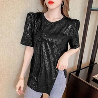 2022 summer new retro super fairy bright and sparkling short sleeved t shirt womens design split top trendy tees sexy club