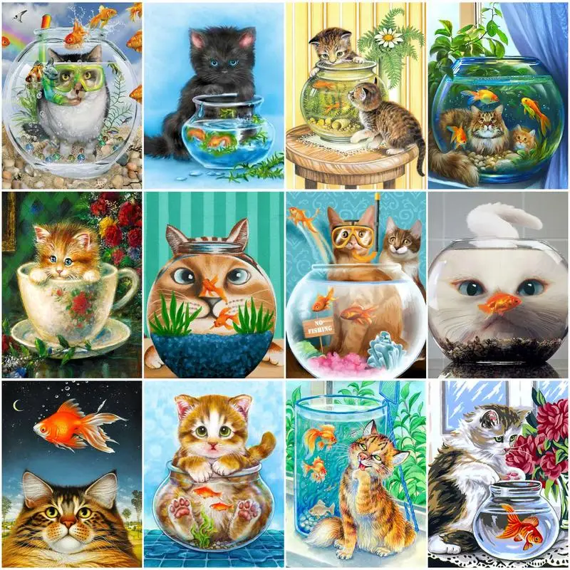 

CHENISTORY 40x50cm Painting By Numbers Cat And Goldfish With Frame Animal Picture By Numbers Home Decor