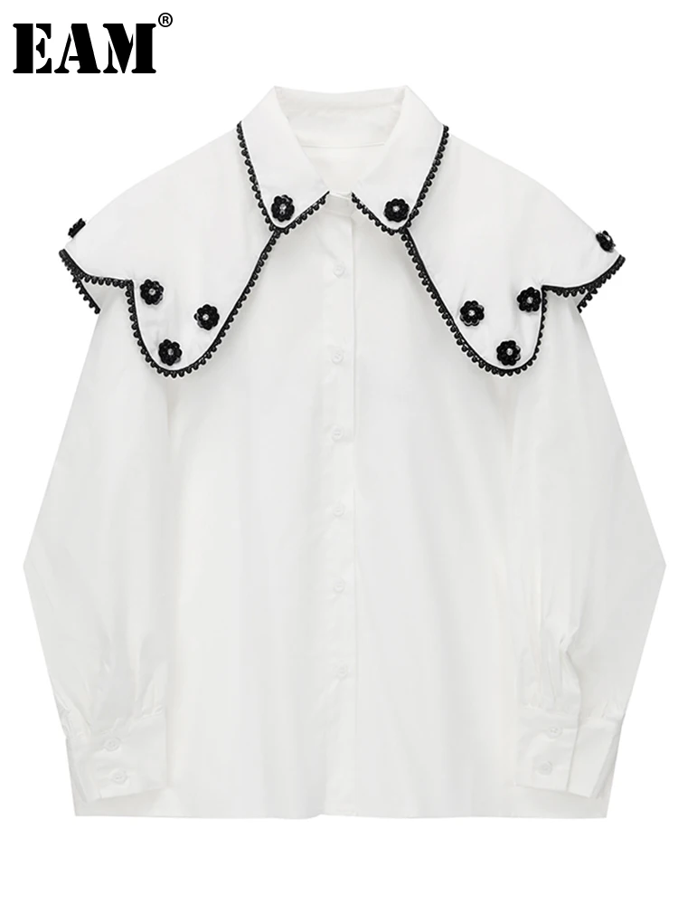 

[EAM] Women White Vintage Big Size Blouse New Peter Pan Collar Long Sleeve Loose Fit Shirt Fashion Spring Autumn 2022 1DE6468