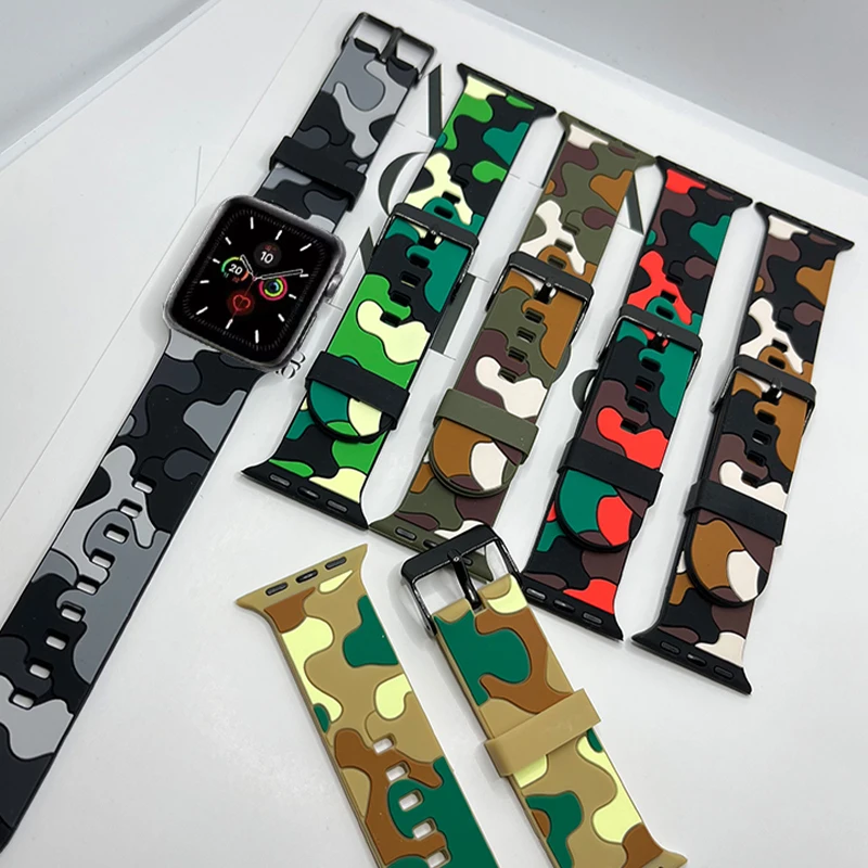

Ремешок Камуфляжный из мягкого силикона для Apple Watch Band 7/6/5/4, сменный Браслет с адаптером для Iwatch 45/41/44/42/40/38 мм