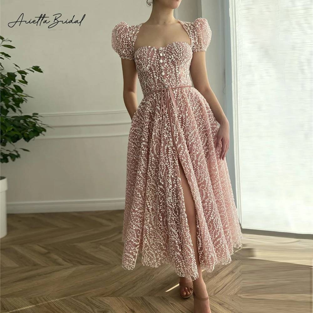 

Arietta Pink Lace Midi Prom Dresses Queen Anne Short Sleeves Tea-Length A-Line Wedding Party Gowns Formal Evening Dresses
