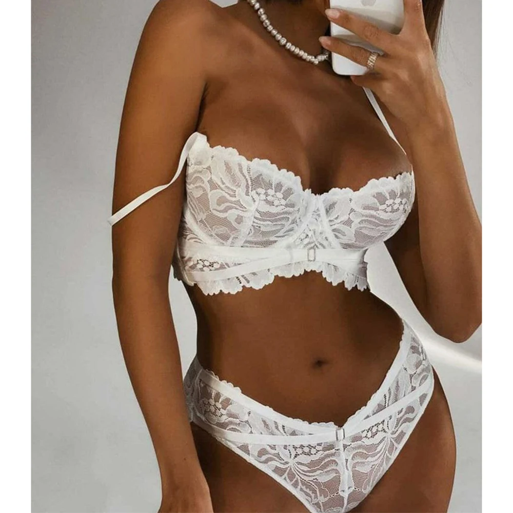 

Sexy Bras Panty Lingerie Set Women White Lace Underwear Bride Nightwear Unlined Push Up Bra 2 Piece Clothing Femme Wear Gift