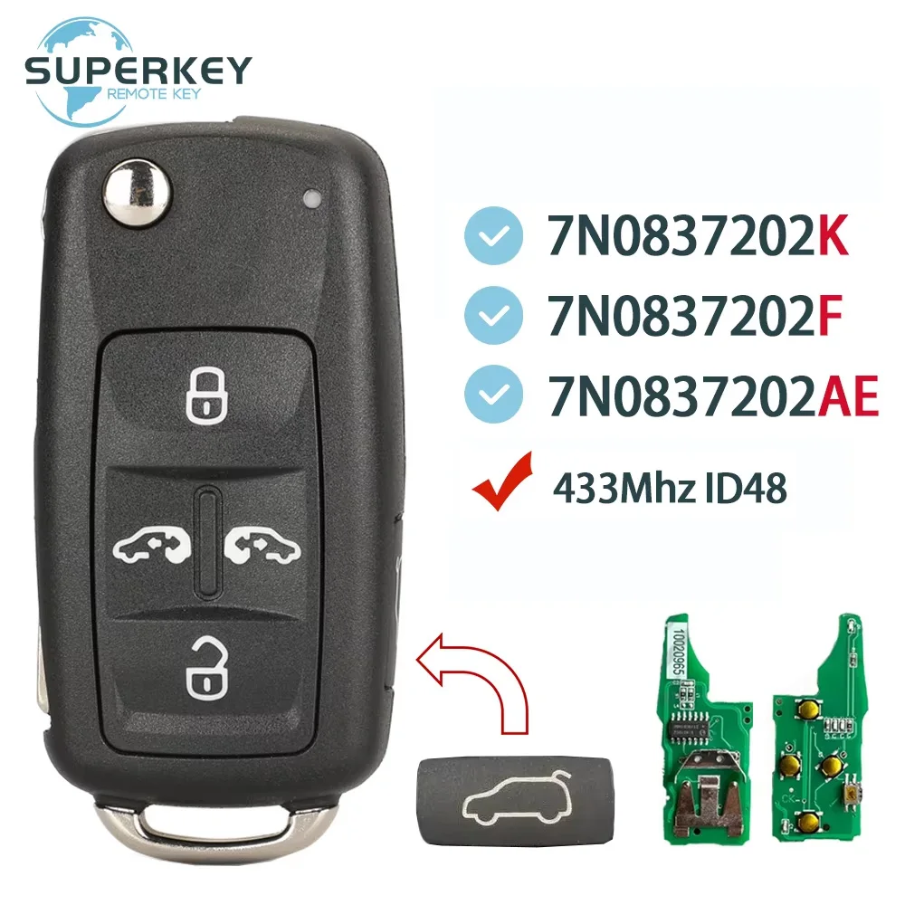 

Пульт дистанционного управления для автомобиля с 5 кнопками, 433 МГц, ID48, для VW Volkswagen Sharan Multivan T5 Caravelle 7N0837202K 7N0837202F 7N0837202AE