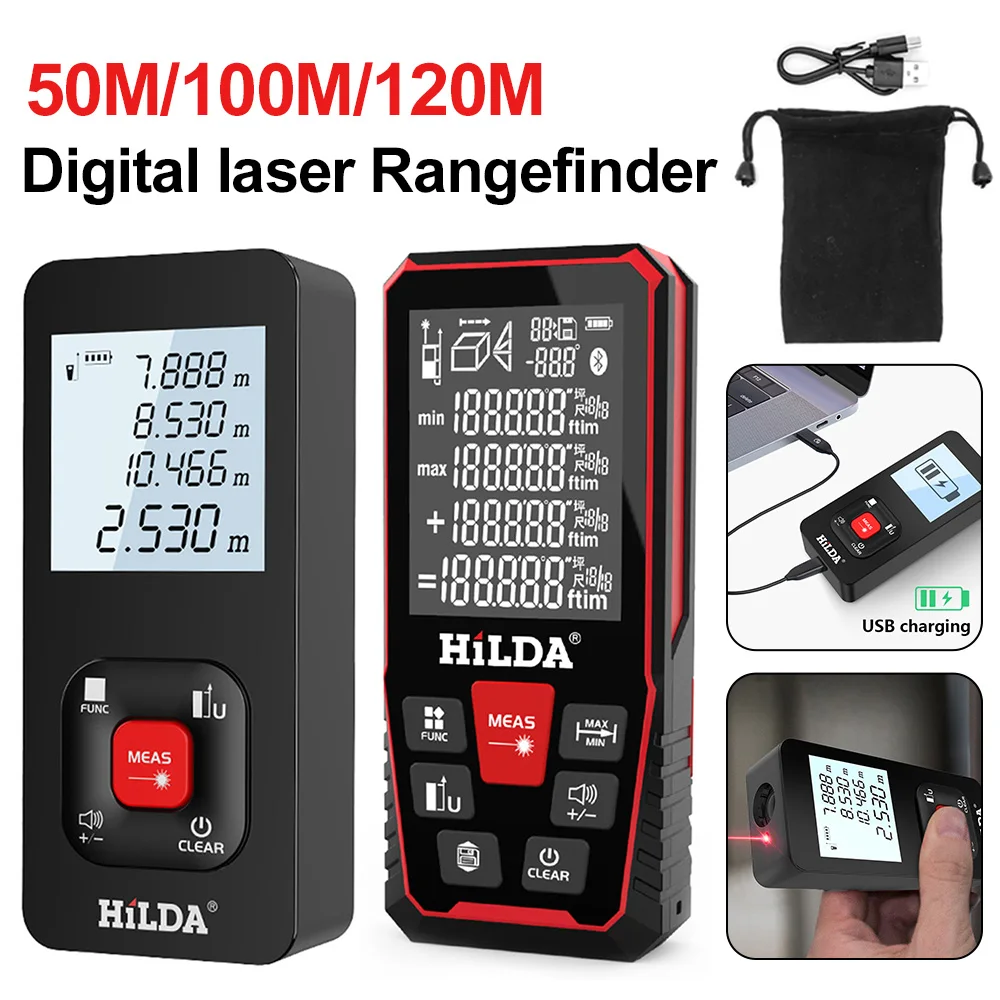 

50/100/120M Laser Rangefinder Distance Meter Rangefinder Laser Tape Range Finder Switching Backlit LCD and Pythagorean Mode