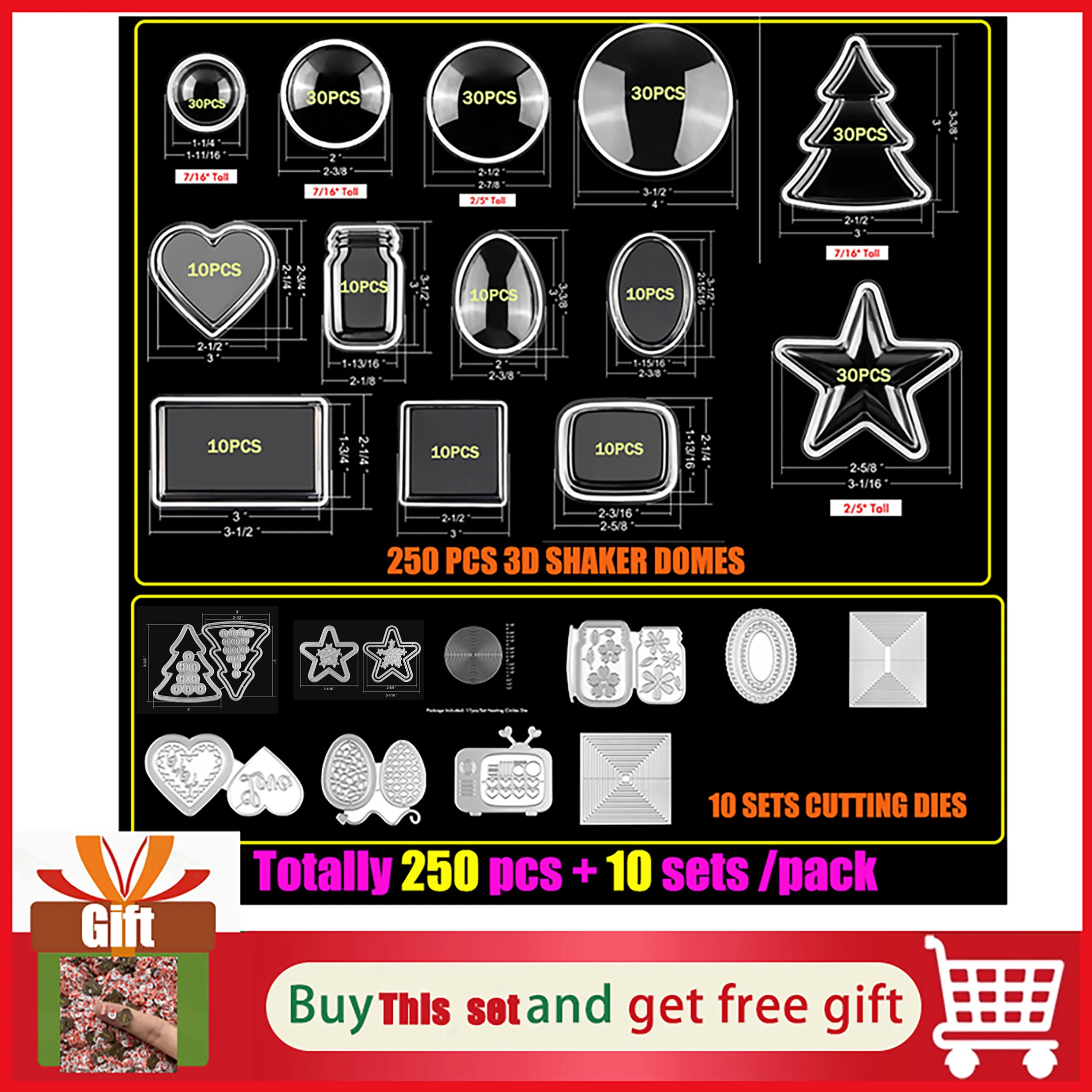 

10/70/250Pc Set 3D Star Heart Dimensional Shaker Domes Plastic Clear Puffy Shaker Covers Dies Scrapbooking Metal Cutting Blister