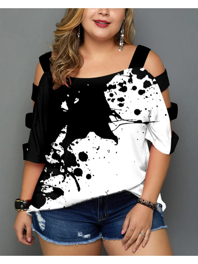 Large-size printed trapezoidal hollow-out off-the-shoulder coat plus color plus size clothing dames t shirt
