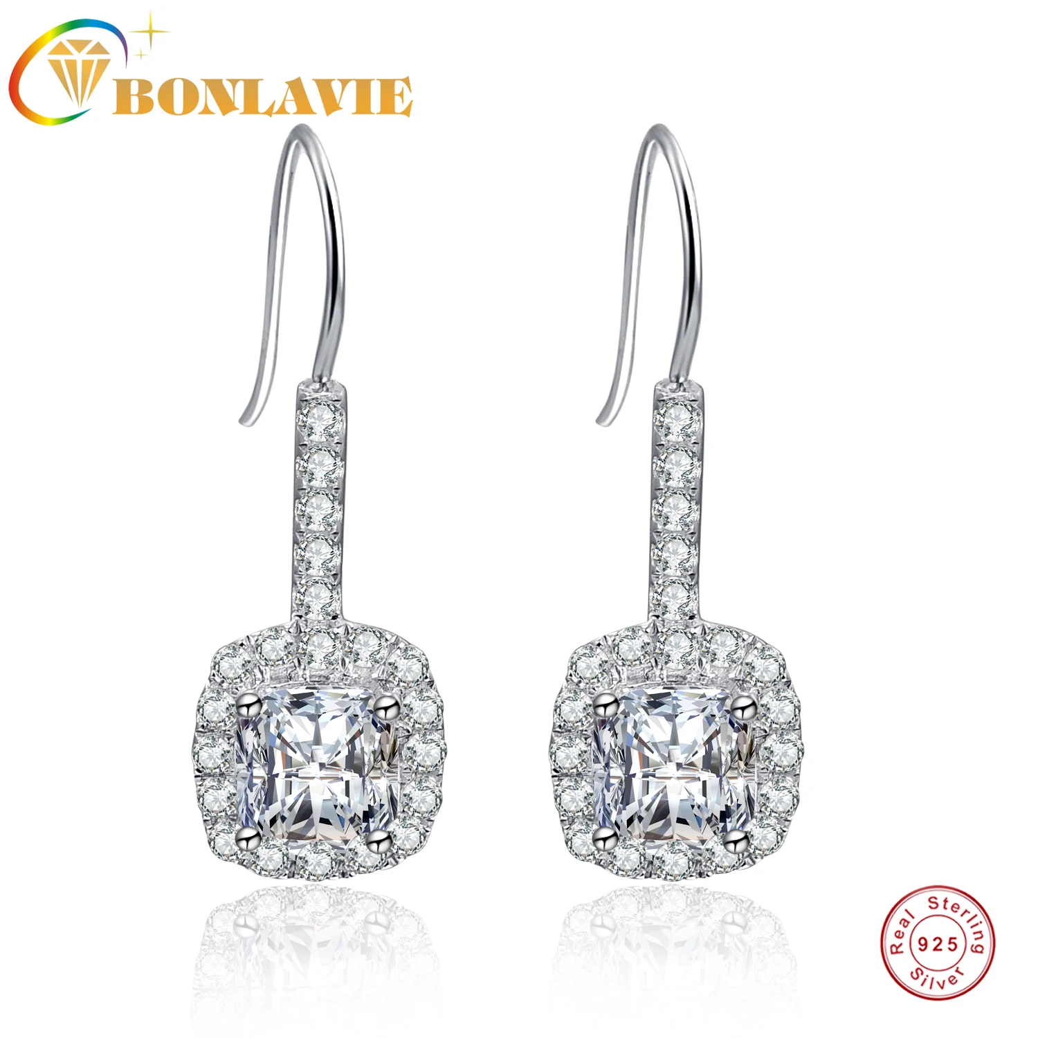 

BONLAVIE 925 Silver Earrings Square Crystal Drop Earrings Cubic Zircon Earring Women Jewelry