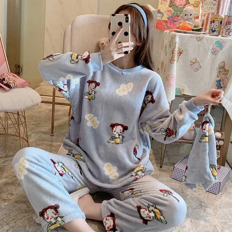 

Autumn Winter Women Sweet Pajama Sets Long Sleeve Top and Pants Panda Print Cute Coral Fleece Warm Sleepwear Girly Soft Pyjamas