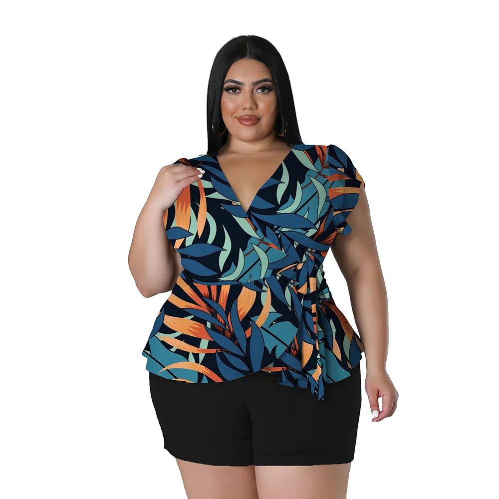 Plus Size Summer Big Size Ladies Casual Printing Two-piece Set Bohemia Style Short Sleeves t Shirt and Shorts 3xl 4xl 5xl 6xl