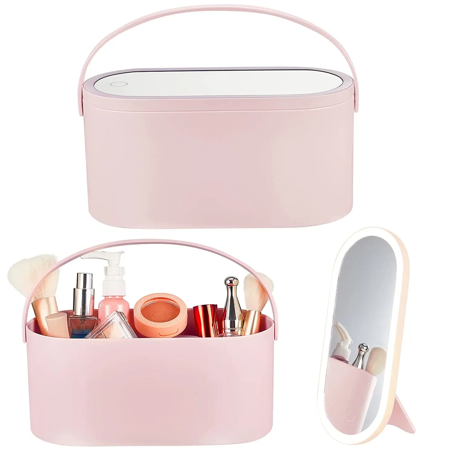 

Makeup Organizer Box with LED Light Touch Mirror Travel Portable Organizer for Cosmetics Multi Purpose Jewelry Bag Case