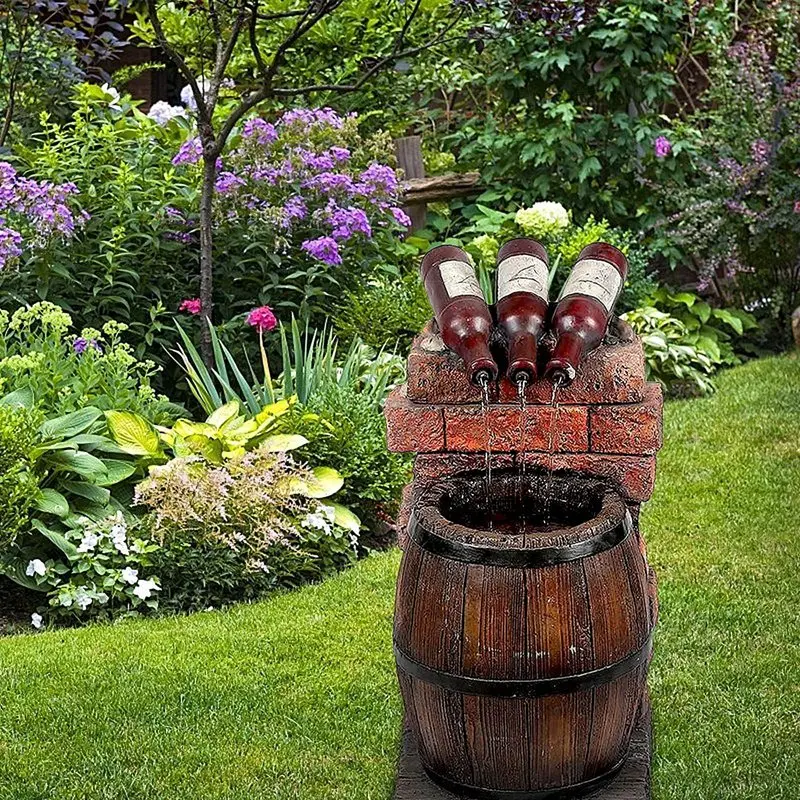 

Resin Wine Bottle And Barrel Outdoor Water Fountain Self-Circulating Sculpture Rustic Yard Garden Waterfall Decoration