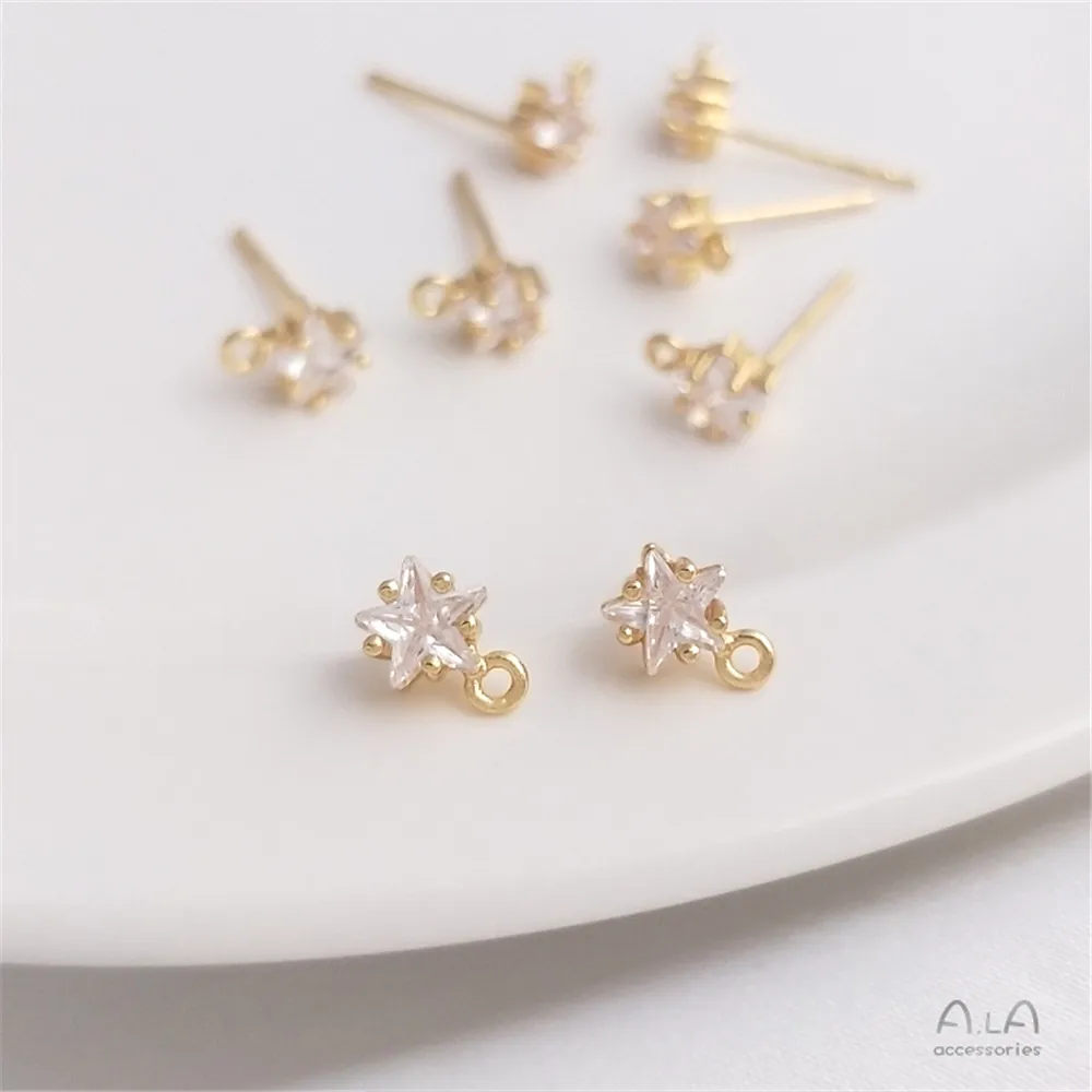 

14K gold clad earrings diy accessories with hanging zirconia pentagram earrings S925 silver pin handmade ear pins