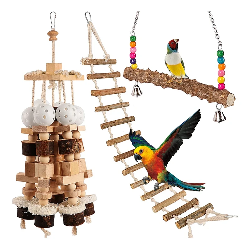 

Bird Parrot Toys,3PCS Wood Block Bird Chewing Toys With Ladder Swing Stand For Cockatoos Birds Cage Toy Accessories