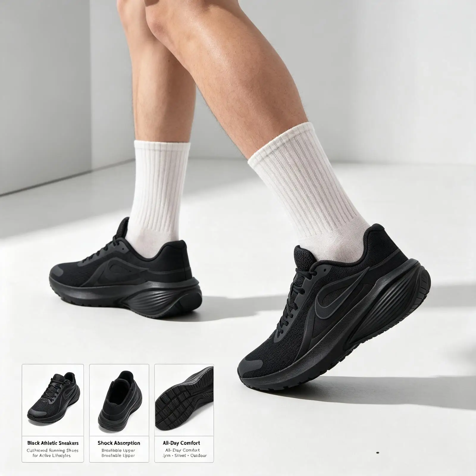 Фото Мужские кроссовки Nike черного цвета: дышащие, с амортизацией, нескользящие, спортивные, для повседневной ходьбы. №2