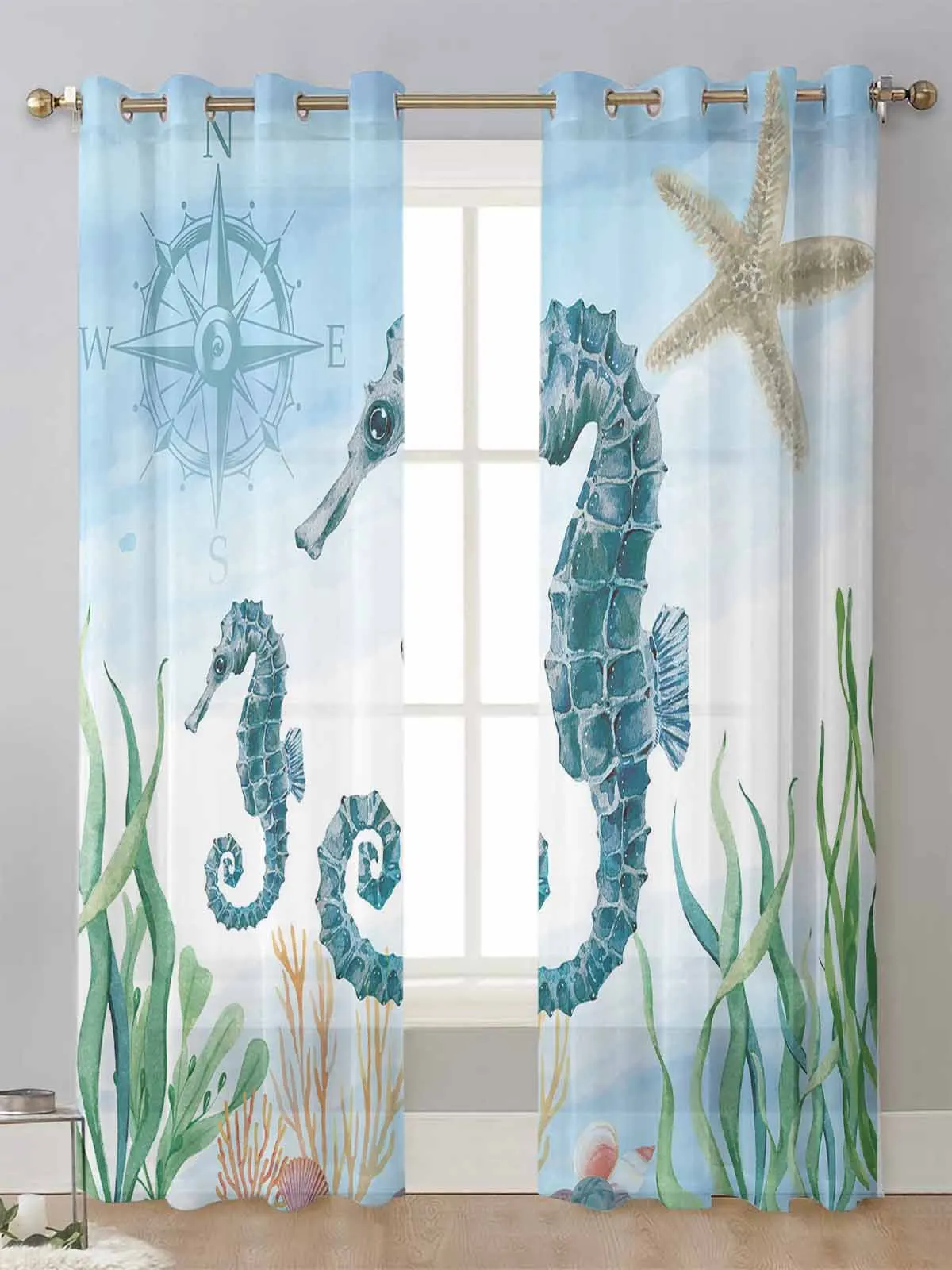 

Marine Animal Hippocampus Seaweed Compass Sheer Curtains For Living Room Window Voile Tulle Curtain Cortinas Drapes Home Decor