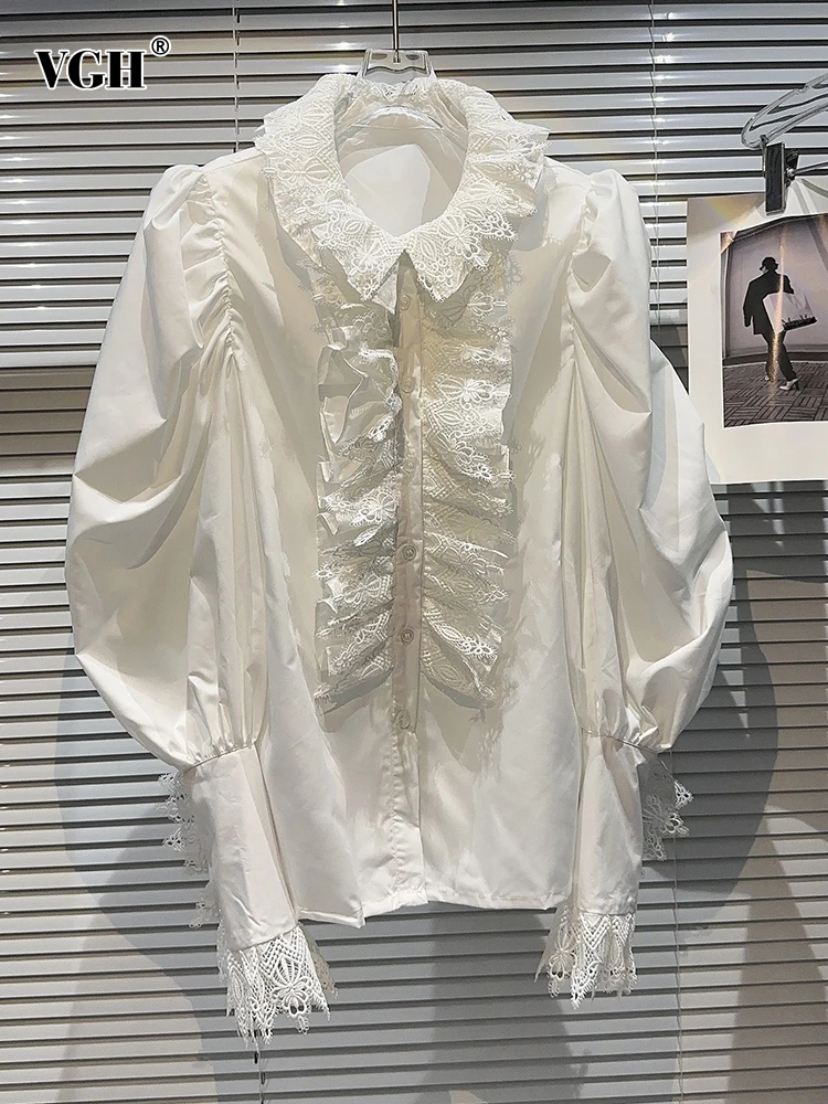 

Женская однотонная блузка VGH, свободная однобортная рубашка с отложным воротником и буффами на рукавах, кружевная блузка в стиле пэчворк