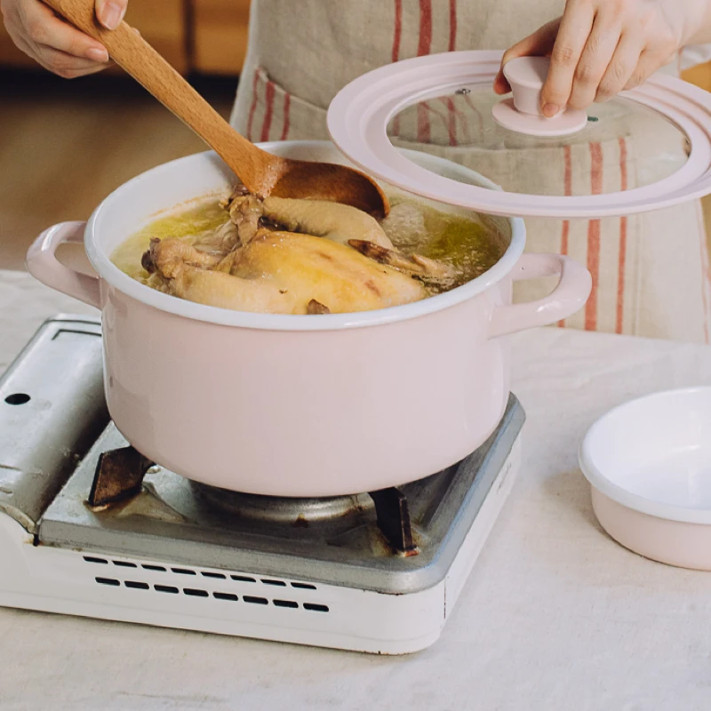 

Enamel Binaural Cooking Pots Electromagnetic Stove Gas Stove Special Soup Pot Household Enamel Stockpot Pink Kitchen