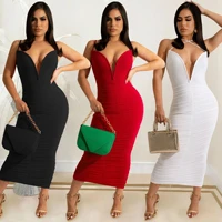 x5782 womens dress summer fashion sexy party evening dress solid color sling v neck backless pleated slit tight dress women