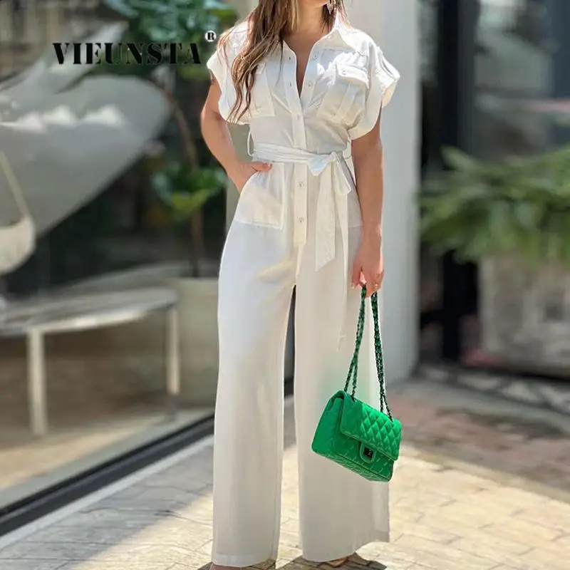 

Женский комбинезон с коротким рукавом, элегантный однотонный комбинезон-рубашка с отложным воротником, прямые длинные брюки, лето 2023