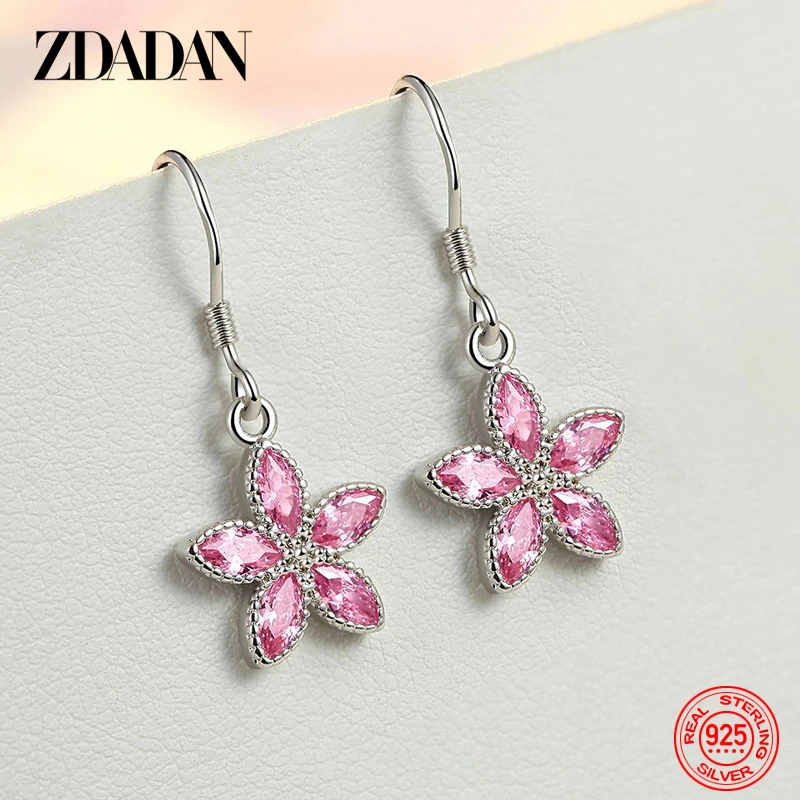 

ZDADAN Pink Zircon Flowers Drop Earring For Women Wedding Jewelry Accessories