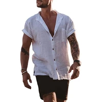 2022 summer mens cotton linen solid color cardigan loose short sleeve pocket simple casual shirt men