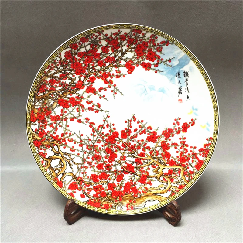 

Exquisite Chinese Porcelain Hand Painted Red Plum Flowers Decorative Plate