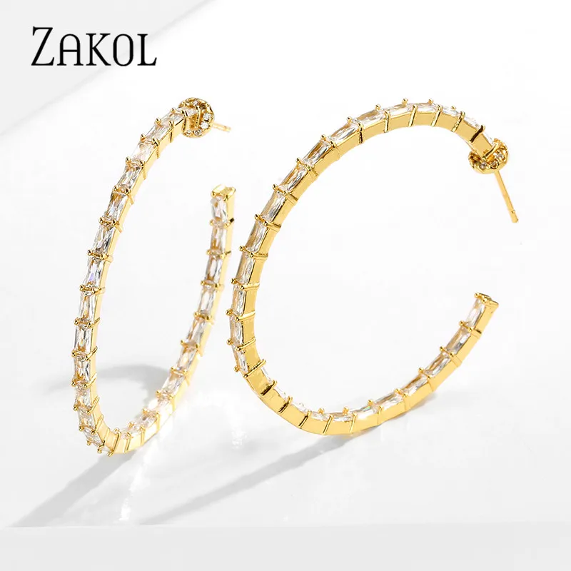 

ZAKOL 3 Color Fashion Big Circle Round Hoop Earring for Women Luxury Clear Baguette Cubic Zircon Crystal Lady Jewelry FSEP2195