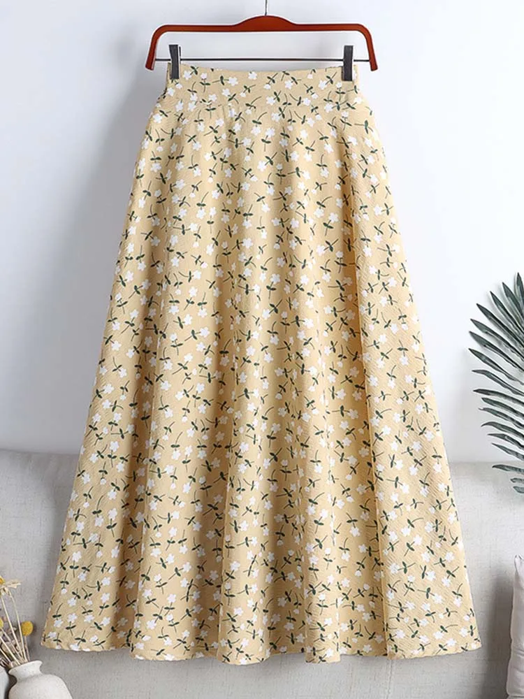 

New 2023 Stylish Floral Printed Tulle Mi-long Women Skirts High Waist Loose Female Umbrella Skirts Ladies Spring Summer