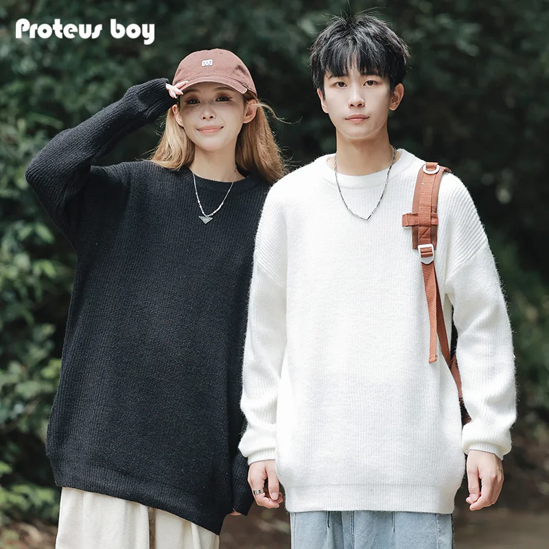 Proteusboy однотонный базовый свободный повседневный вязаный свитер с круглым