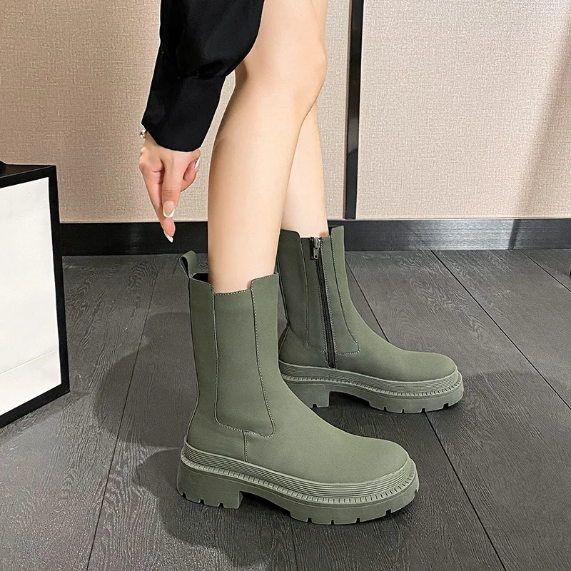 

2022 New Chimney Boots Thick Side Zipper Heightened Thick Sole Chelsea Short Boots Shoes for Women Boots Women Platform Boots