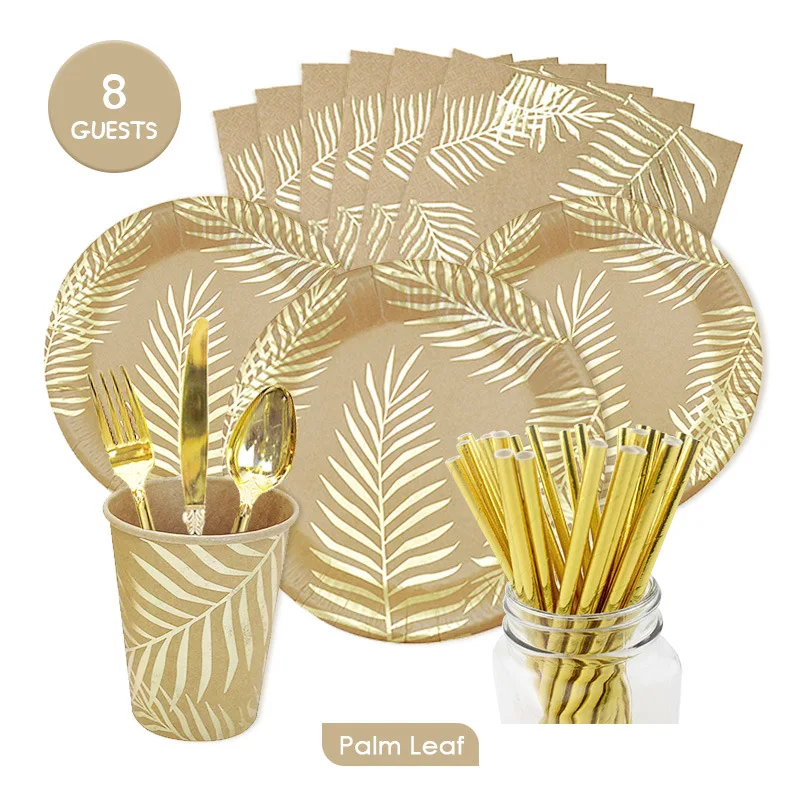 

INS Bronzing Palm Leaf Eco-friendly Kraft Paper Cutlery Set Adult Party Decoration Printing Paper Plate Paper Cup Paper Towel
