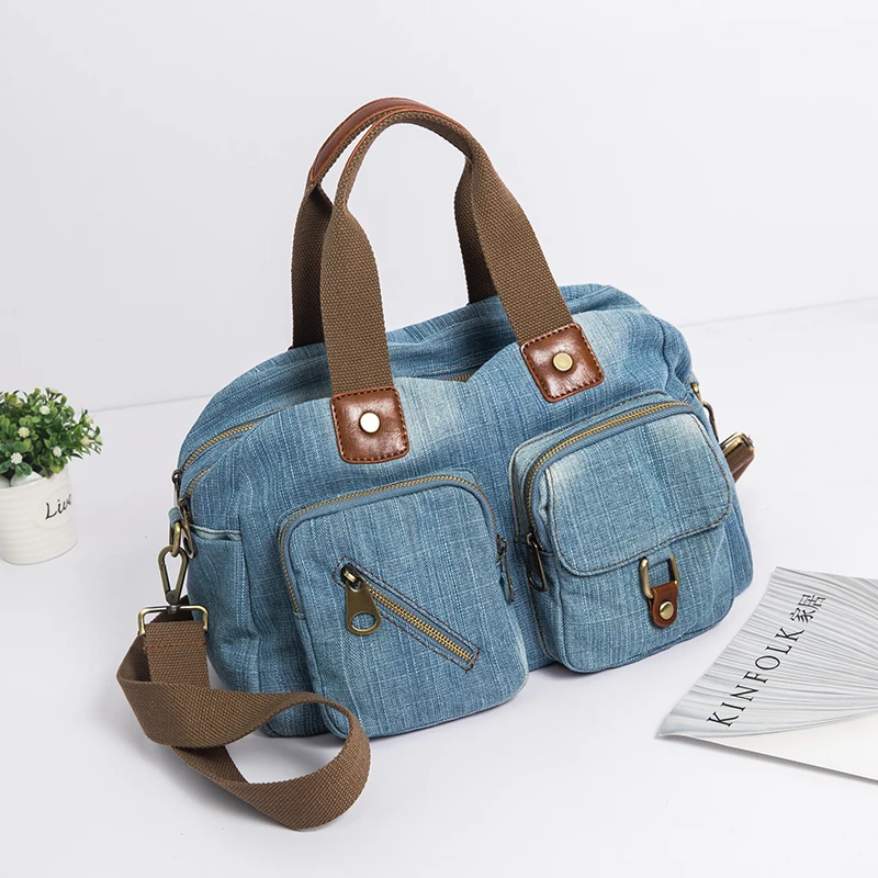 Annmouler 2022 Designer Casual Tote Bag Light Blue Denim Handbags Female Jeans Bag Quality Shoulder Bag with Long Straps