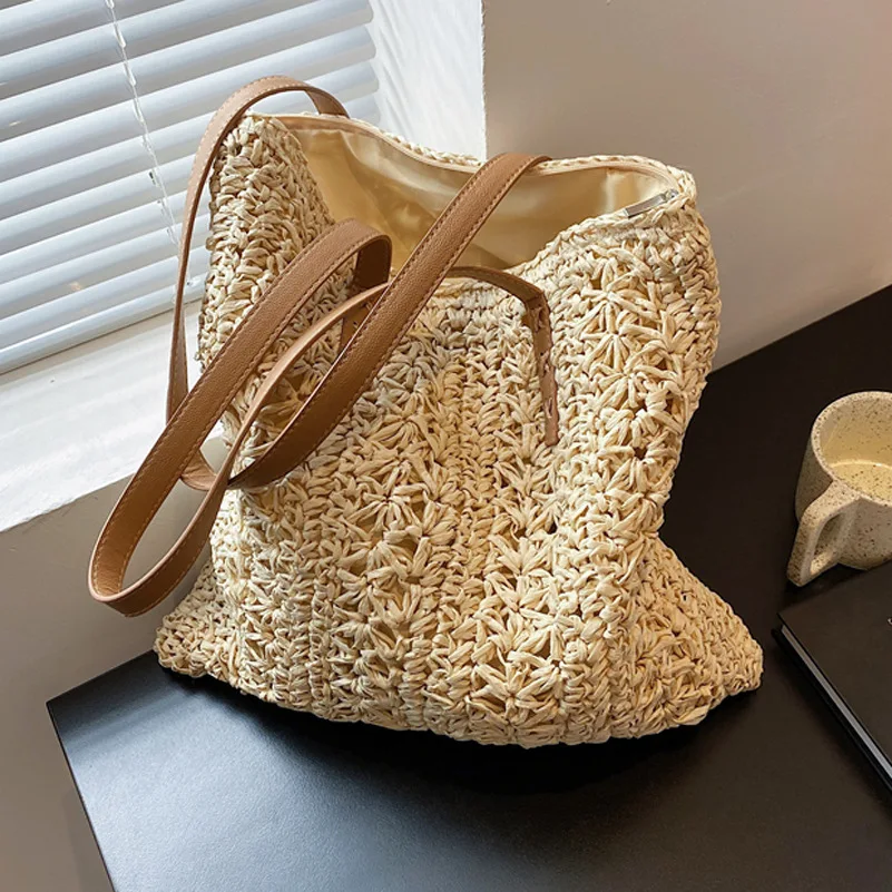 

Summer Large Capacity Straw Shoulder Bag for Women Beach Bags Woven Top Handle Bag Casual Lady Totes Shopping Handbag Clutch New