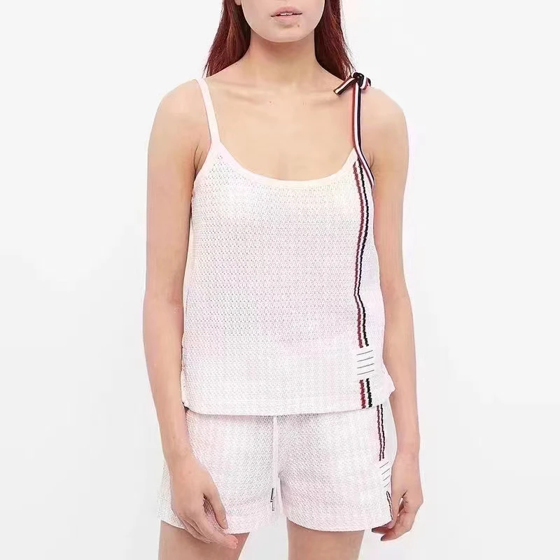 

Summer 2022 new classic red white and blue stripes with logo appliqué on the front Spaghetti straps bow embellished knitted vest