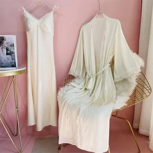 New Female Long Robe Nightgown Set Sexy Lace Trim Sleepwear Suspender Nightdress Spring Summer Casua