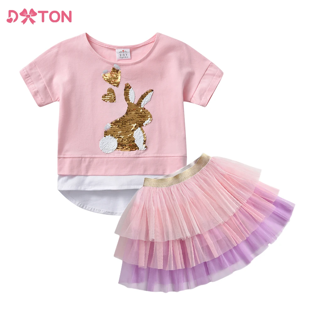 

DXTON Girls Clothing Sets for Summer Kids Cotton Short Sleeve Sequined Rabbit Unicorn Cartoon Tees and Layered Cake Skirts Sets