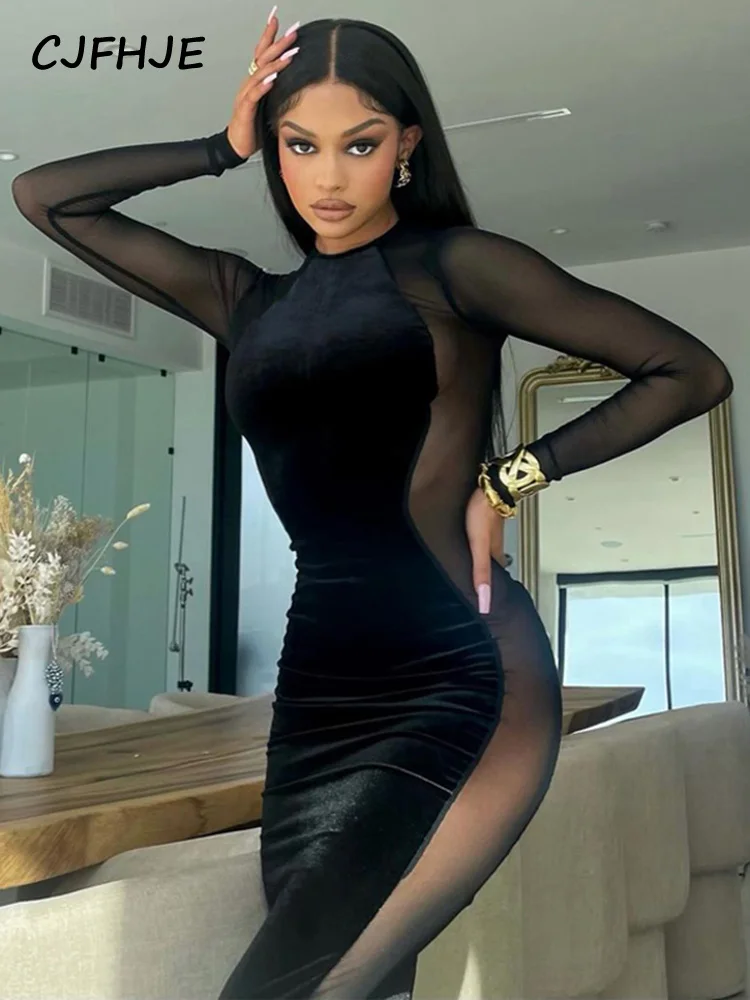 

CJFHJE Solid Mesh Patchwork Long Sleeves See Through Bodycon Maxi Dress 2022 Fall Winter Women Outfits Party Club Y2K