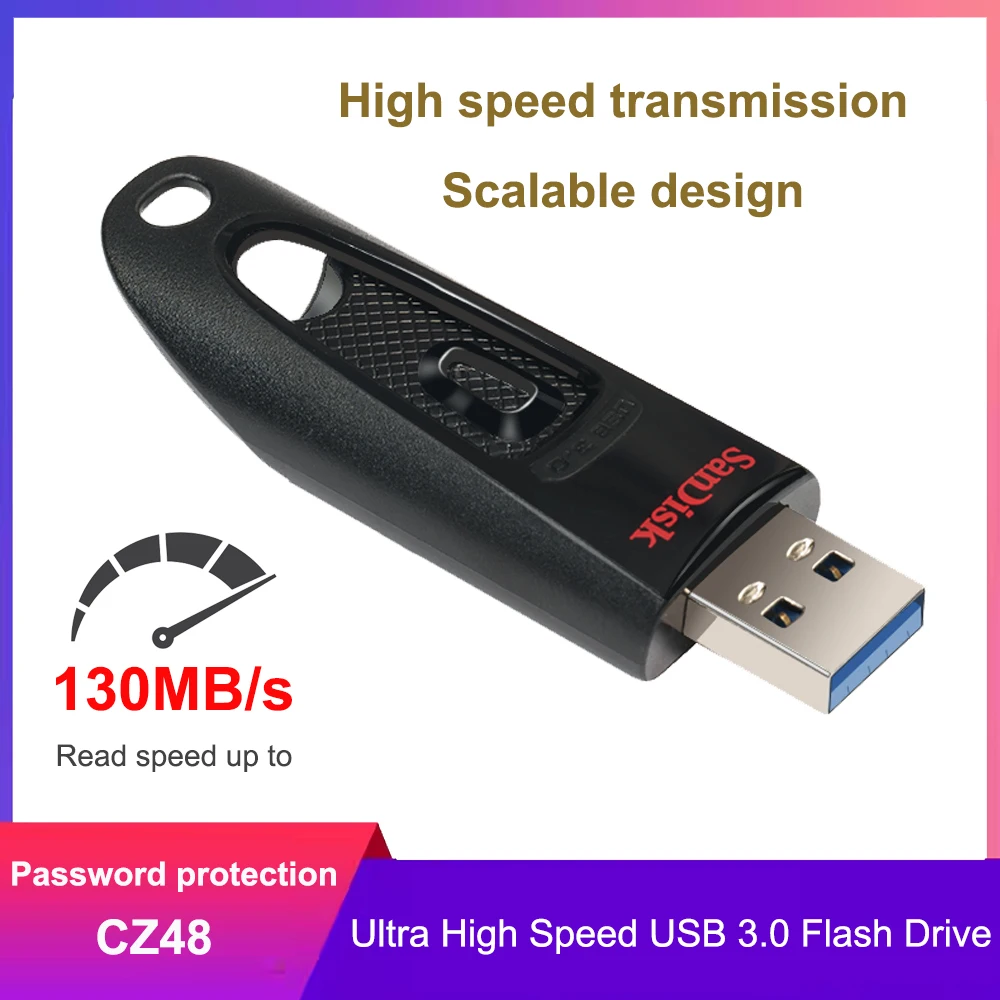 SanDisk Ultra USB 3.0 Флэш-накопитель 16 ГБ 32 64 128 256 512 Флешка-накопитель 130 МБ/с Stick для